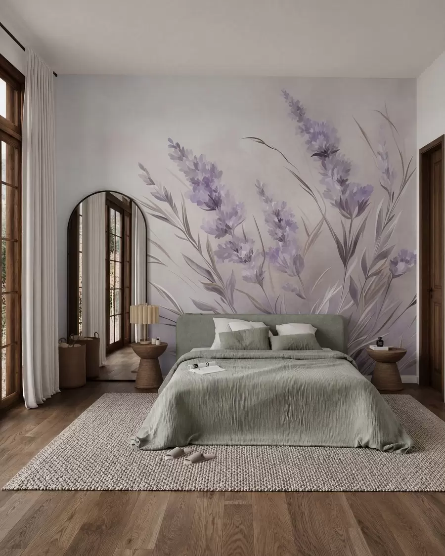 Fotobehang Lavendelbloemen met lange stelen en bladeren, kunstwerk met een zachte pastelachtige textuur w10018