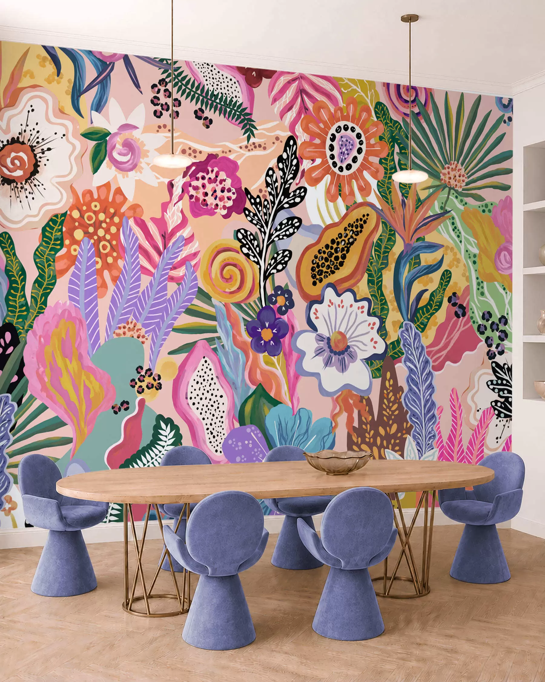 Fotobehang Levendig tropisch motief met bloemen, bladeren en kleurrijke vruchten w05815
