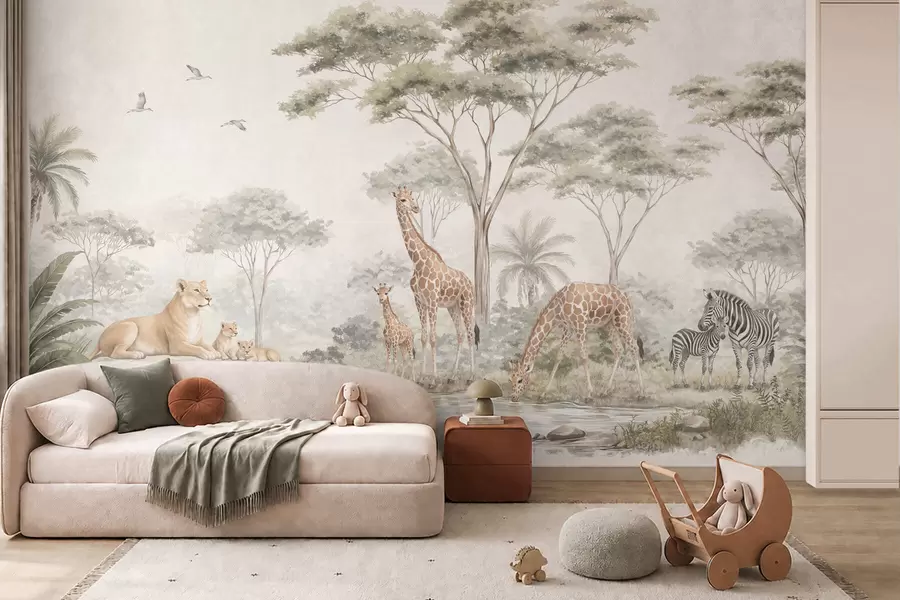 Fotobehang Safari met giraffen, leeuwen, zebra’s en tropische bomen w05804