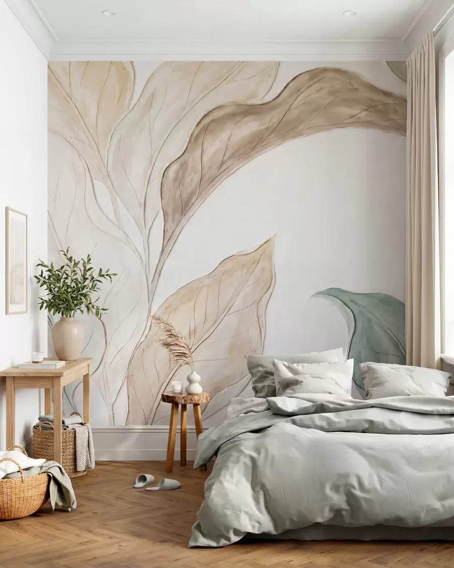 Fotobehang Imitatie van in reliëf gegoten, fijne beige-groene blaadjes w09991