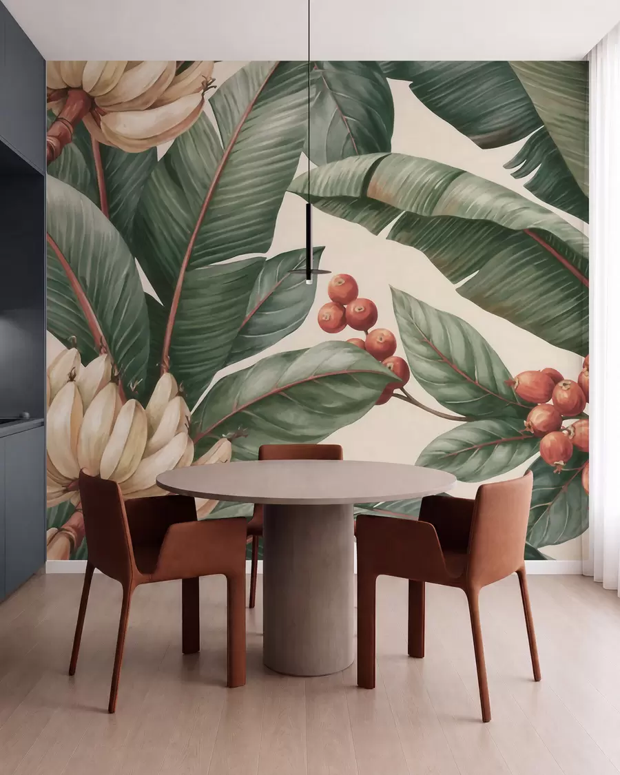 Fotobehang Tropische bananenbladeren met trossen rode koffiebessen, in aquarelstijl w09997