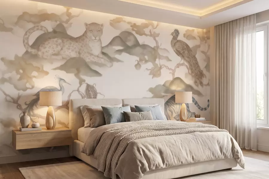 Fotobehang Keizerlijke tuin met dieren in oosterse stijl — aap, luipaard, tijger, pauw en reiger w10011