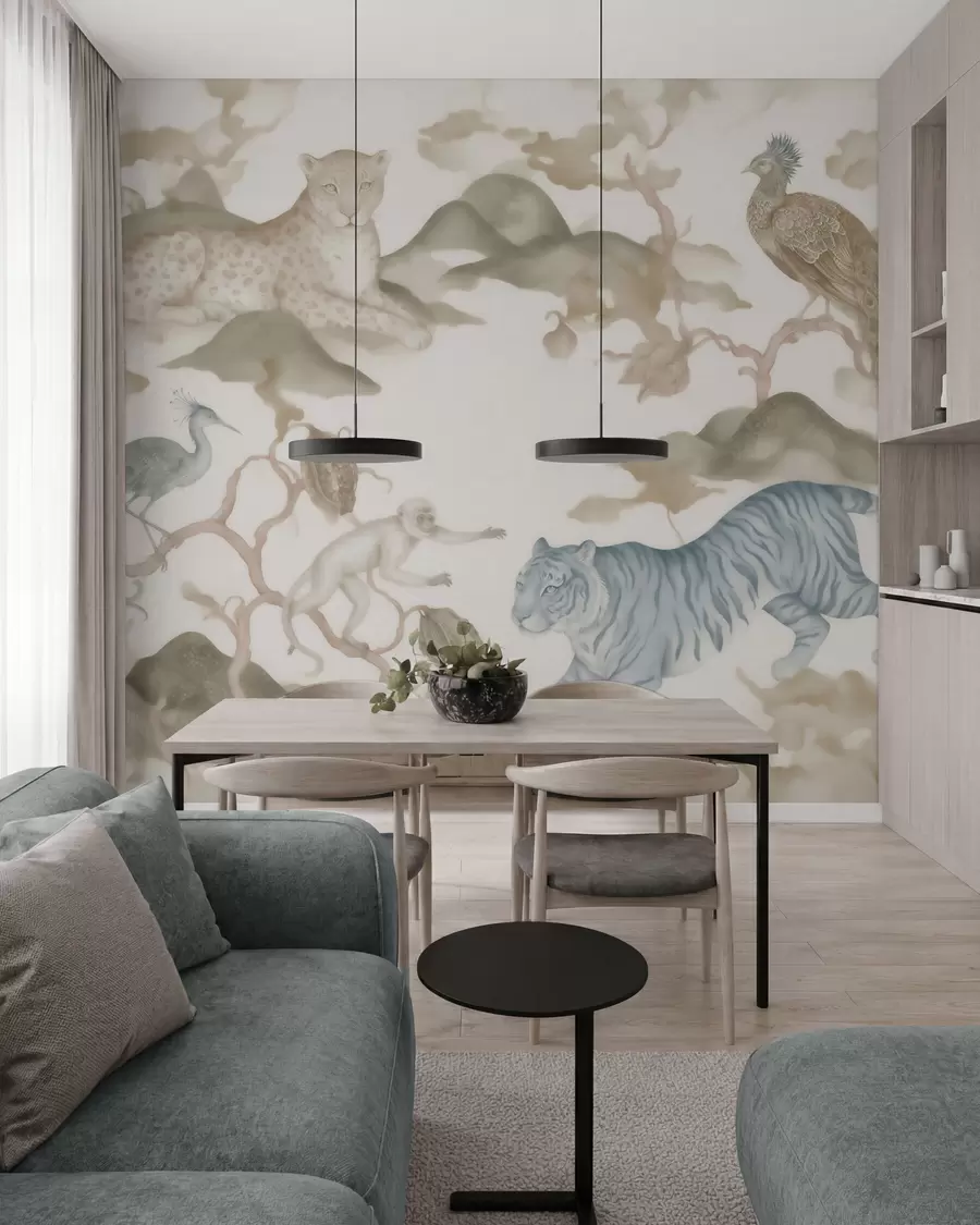Fotobehang Keizerlijke tuin met dieren in oosterse stijl — aap, luipaard, tijger, pauw en reiger w10011
