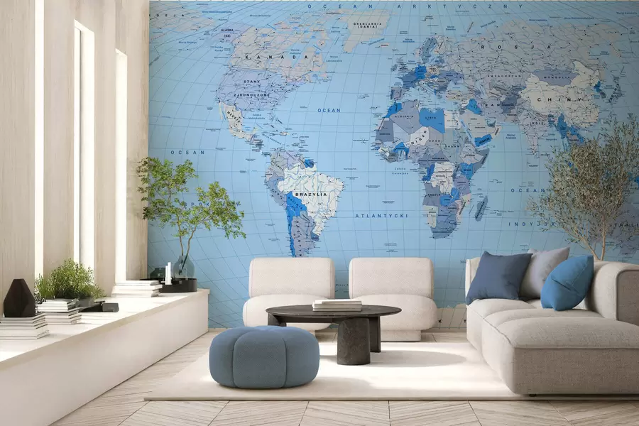 Fotobehang Blauwe politieke wereldkaart met vlaggen, in het Pools c00016plv2