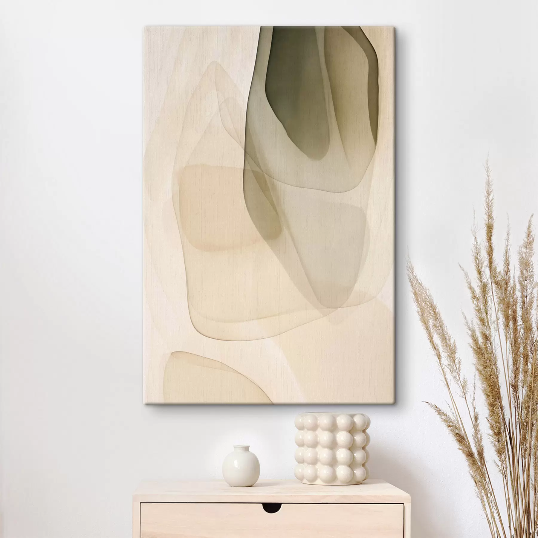  Schilderijen Abstracte, vloeiende, doorschijnende vormen in ingetogen beige-, crème- en olijfgroene tinten s50204