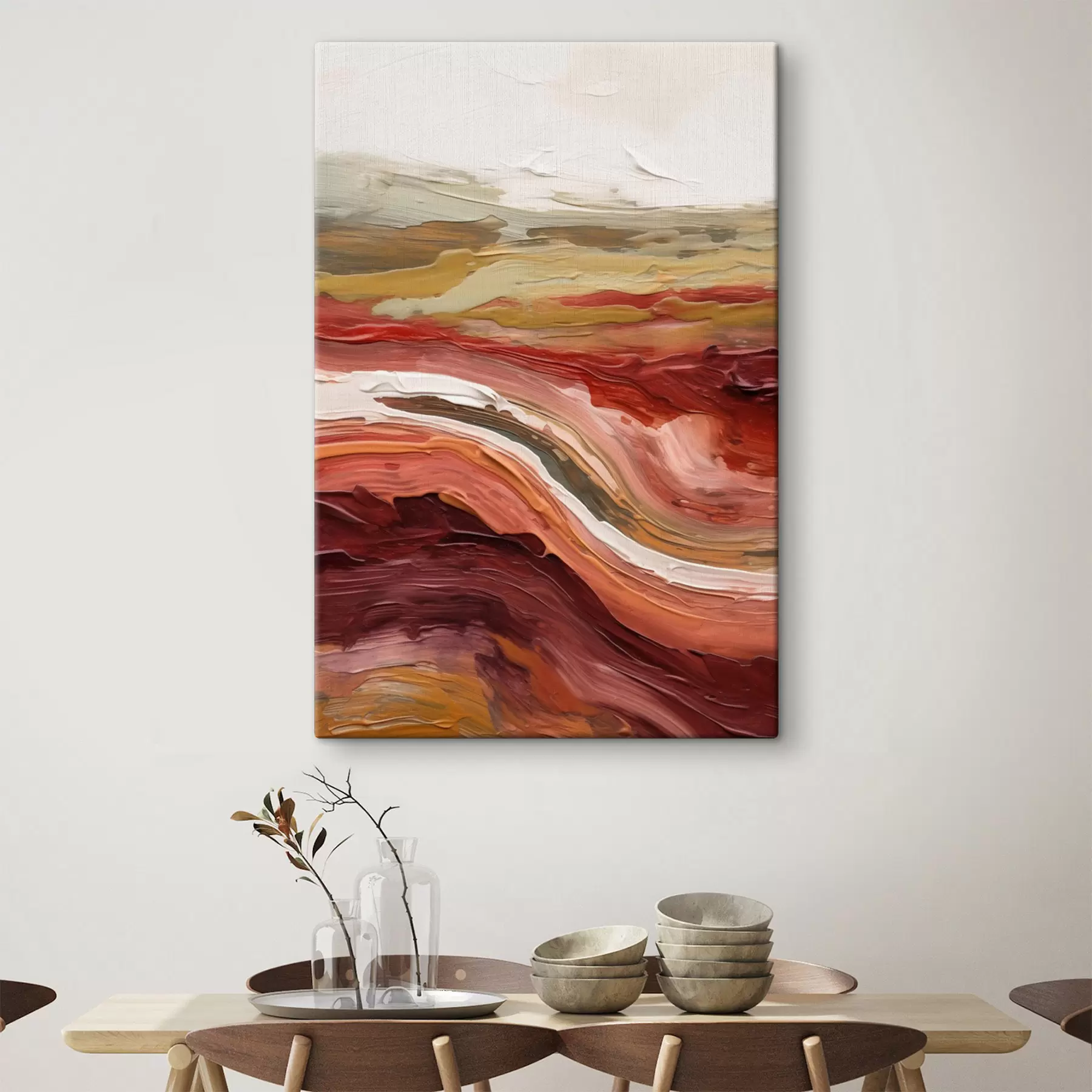  Schilderijen Abstrakt landschap met gestructureerde lagen in rood, oranje en beige s50217