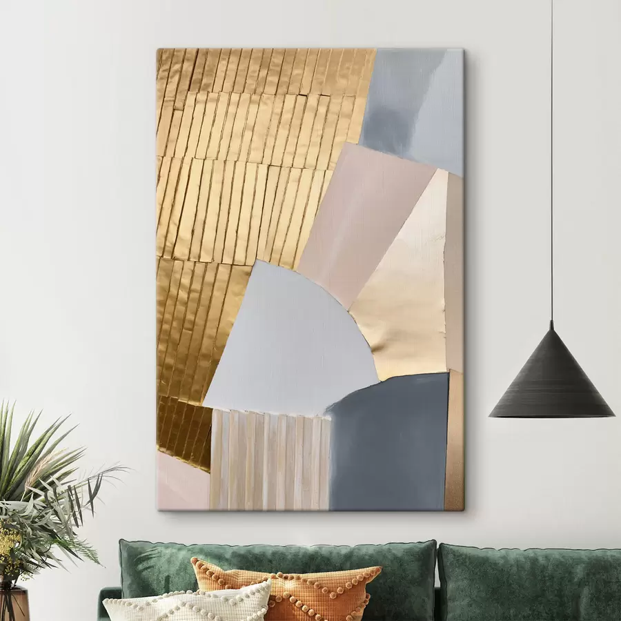  Schilderijen Abstracte geometrische vormen met een gele textuur en in de kleuren lichtroze en grijs s50220