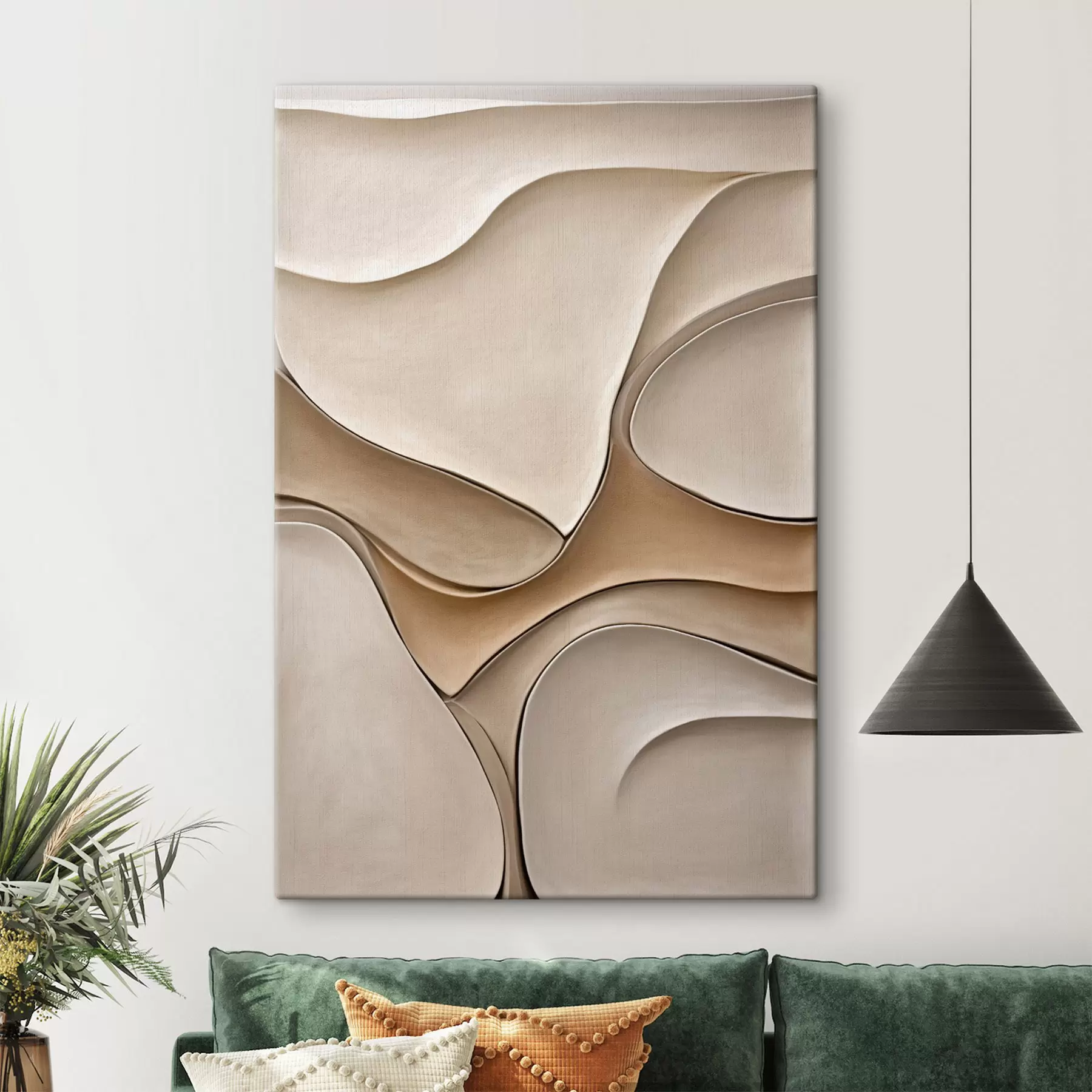  Schilderijen Abstracte, vloeiende, organische vormen in neutrale beige- en crèmekleuren, kunst met textuur s50225