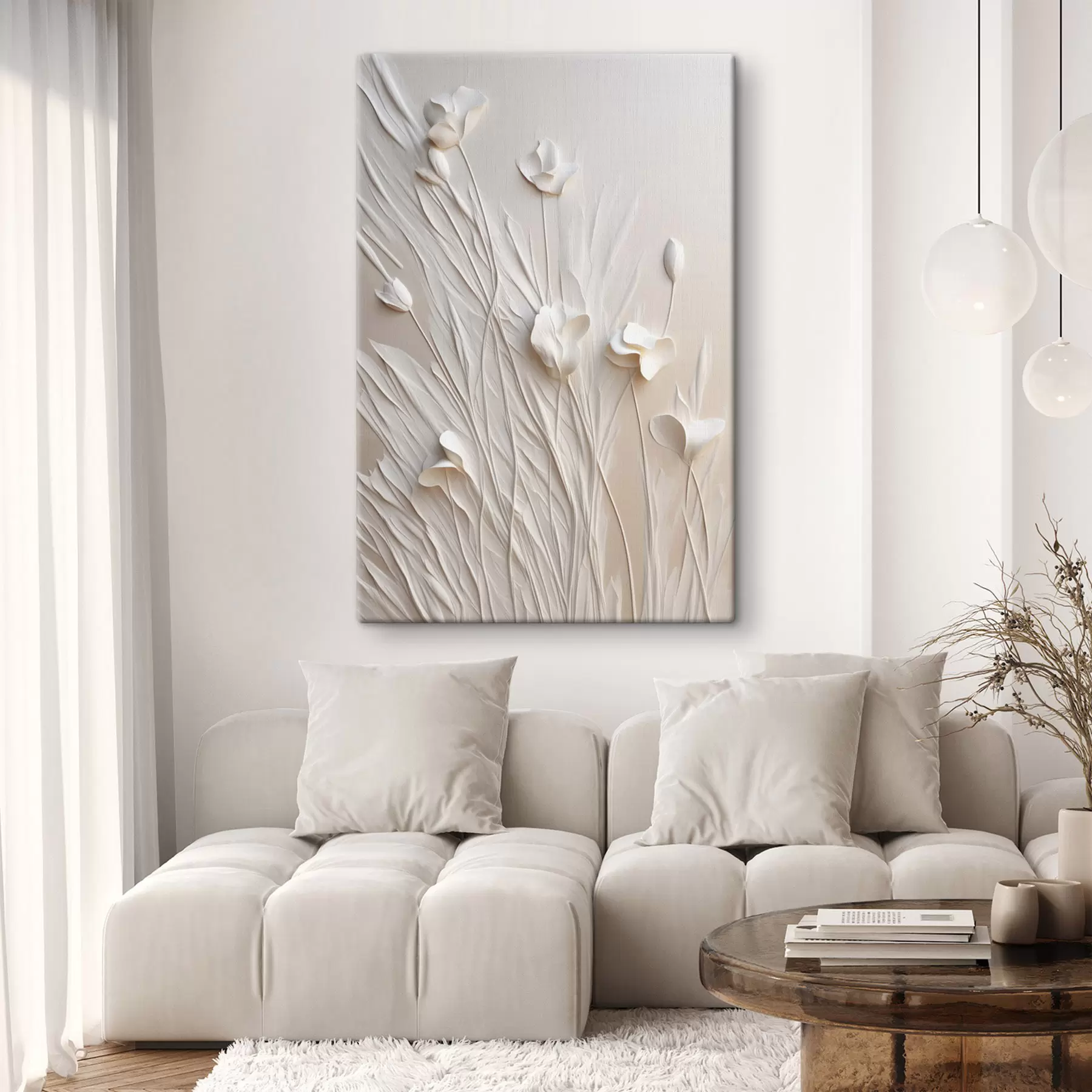  Schilderijen Witte bloemen en gras op een licht perzikkleurige achtergrond, minimalistische kunst s50226