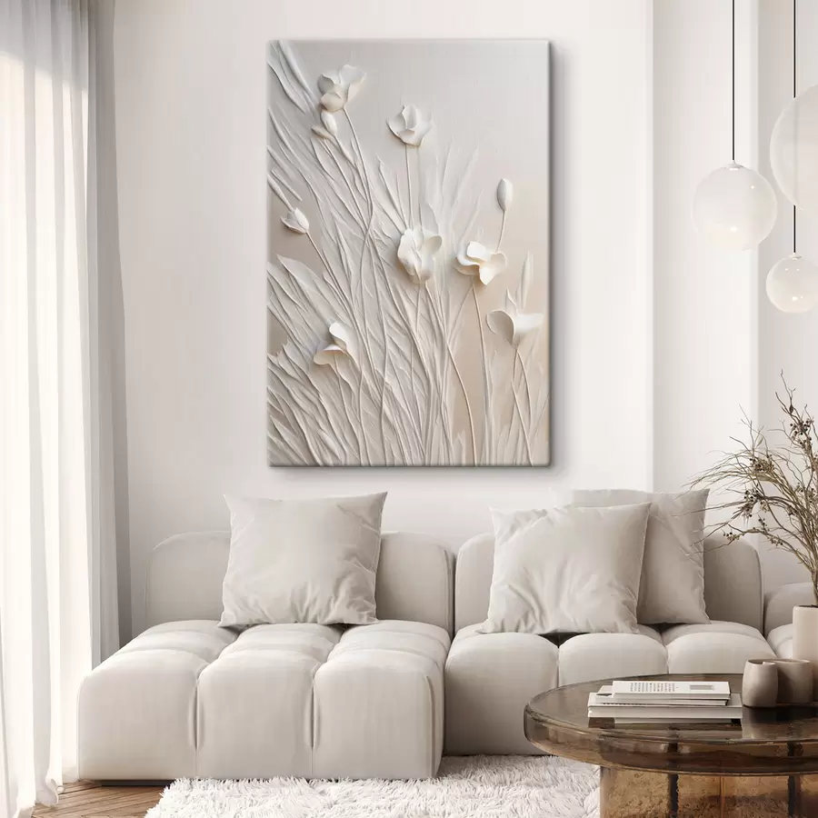  Schilderijen Witte bloemen en gras op een licht perzikkleurige achtergrond, minimalistische kunst s50226