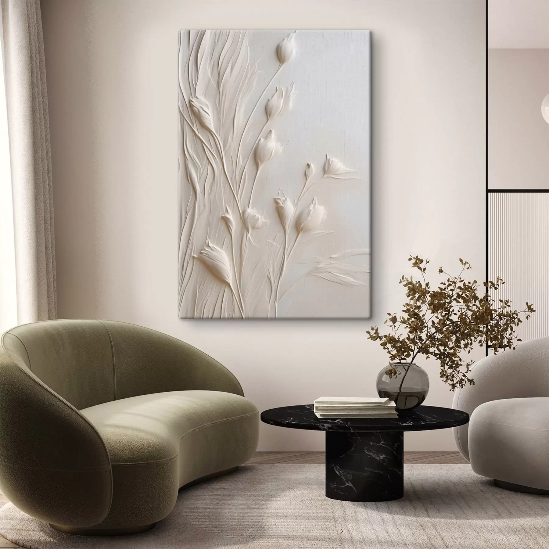  Schilderijen Witte bloemen en gras op een licht perzikkleurige achtergrond, minimalistische kunst s50227