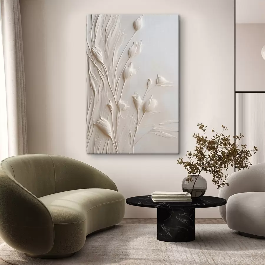  Schilderijen Witte bloemen en gras op een licht perzikkleurige achtergrond, minimalistische kunst s50227