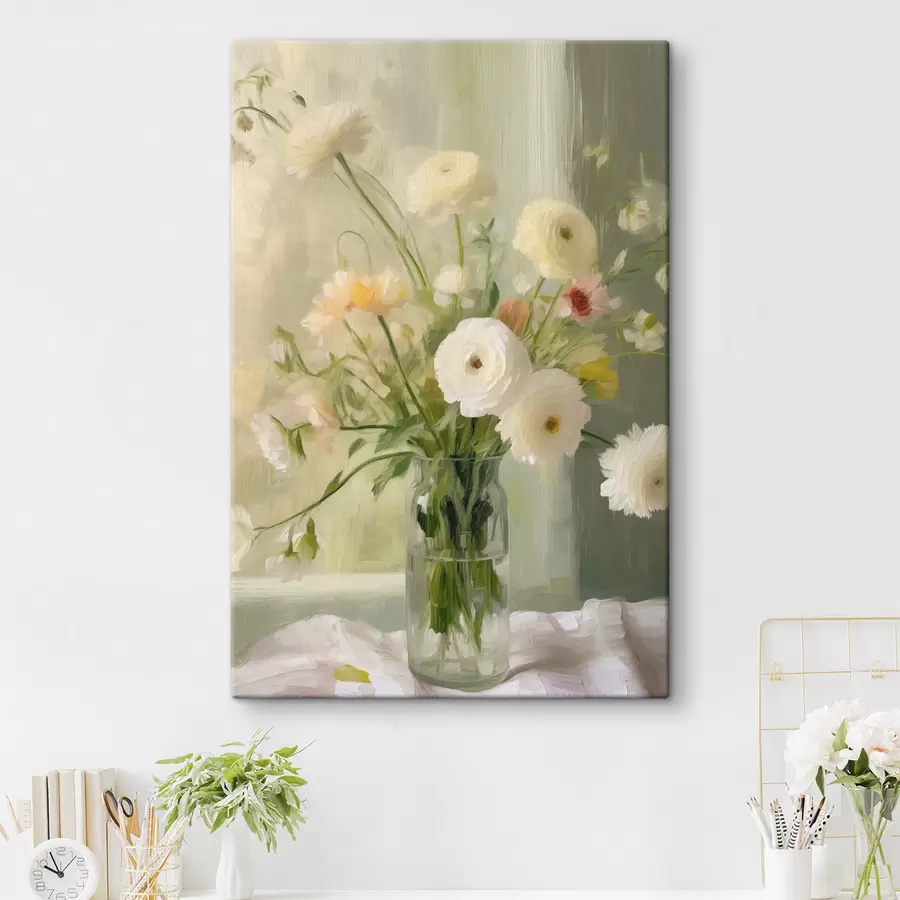  Schilderijen Een boeket witte en roze bloemen in een glazen vaas, met op de achtergrond een raam s50228