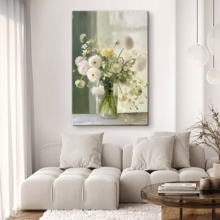  Schilderijen Een boeket witte en roze bloemen in een glazen vaas, met op de achtergrond een raam s50229