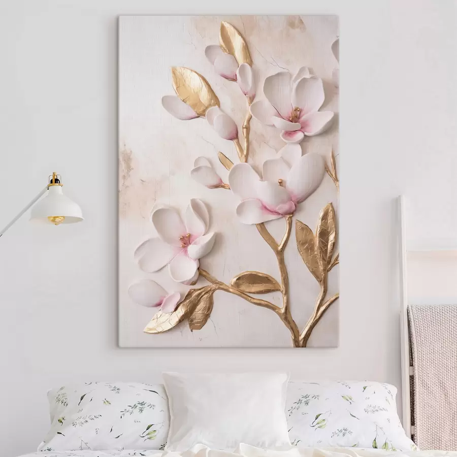  Schilderijen Magnoliabloemen in een zachtroze tint met textuur en gele accenten s50230