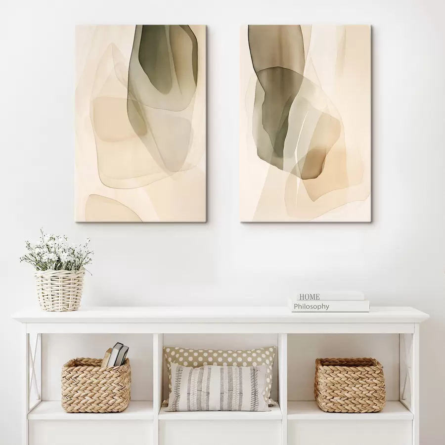  Schilderijen Abstracte, vloeiende, doorschijnende vormen in ingetogen beige-, crème- en olijfgroene tinten m30835