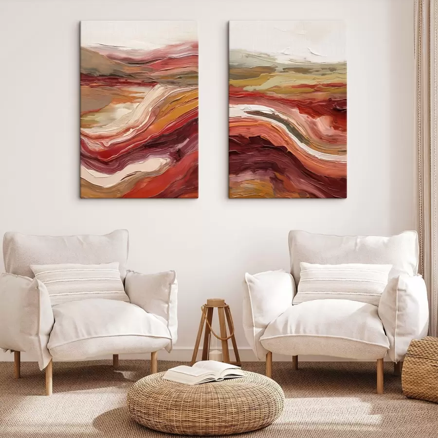  Schilderijen Abstrakt landschap met gestructureerde lagen in rood, oranje en beige m30841