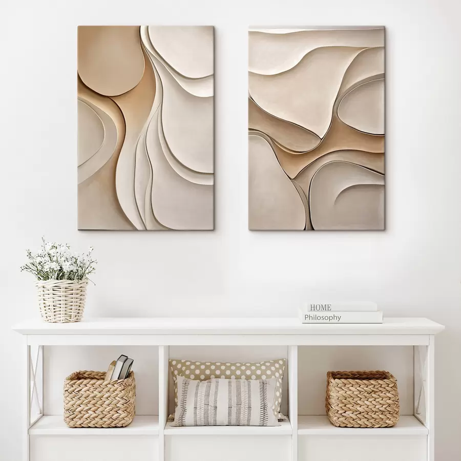  Schilderijen Abstracte, vloeiende, organische vormen in neutrale beige- en crèmekleuren, kunst met textuur m30845