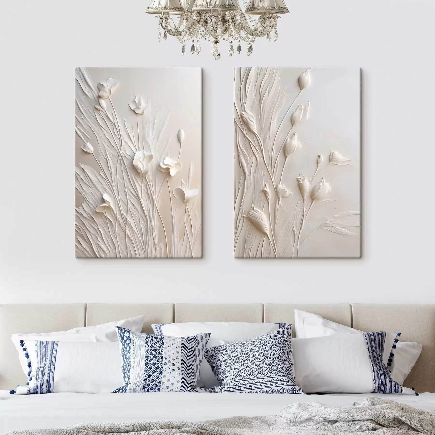  Schilderijen Witte bloemen en gras op een licht perzikkleurige achtergrond, minimalistische kunst m30846