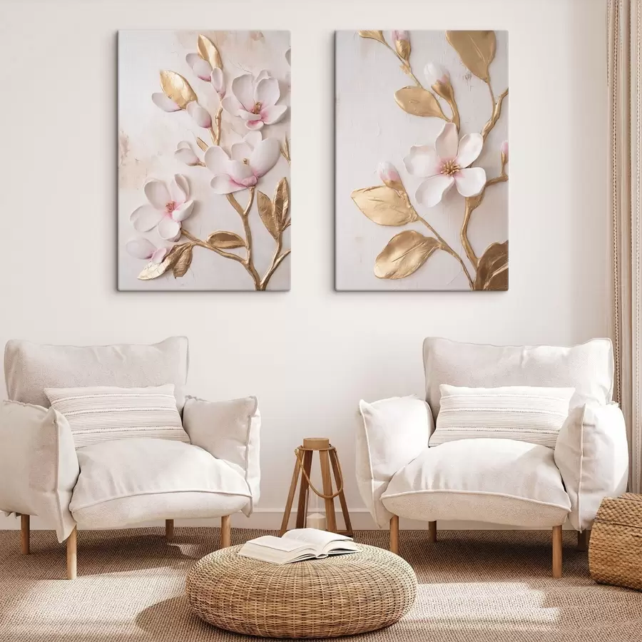  Schilderijen Magnoliabloemen in een zachtroze tint met textuur en gele accenten m30848