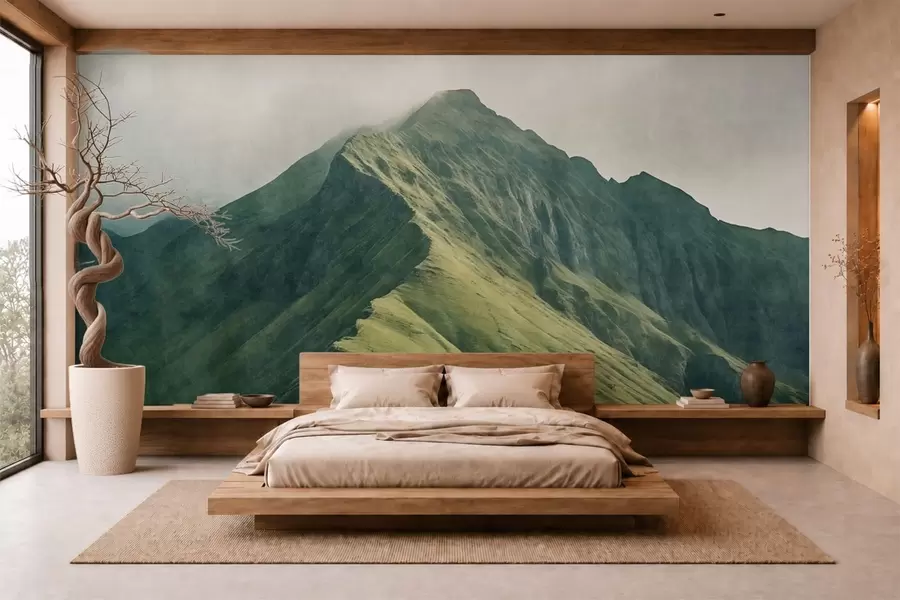 Fotobehang Malachietberg met groene hellingen en een top gehuld in een zachte mist w05820