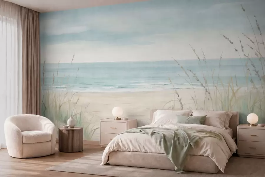 Fotobehang Schelpenzand met een rustig strand en grassen in zachte pasteltinten w05821