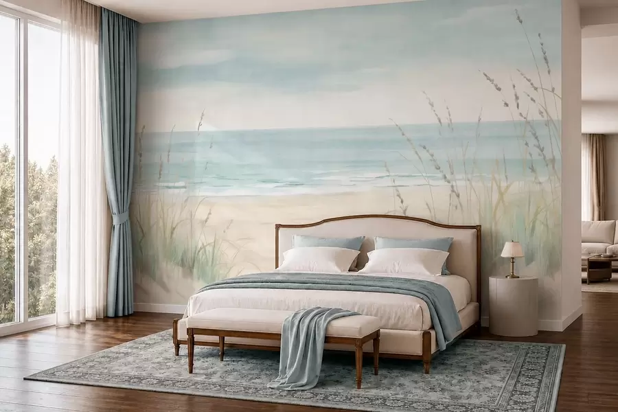 Fotobehang Schelpenzand met een rustig strand en grassen in zachte pasteltinten w05821