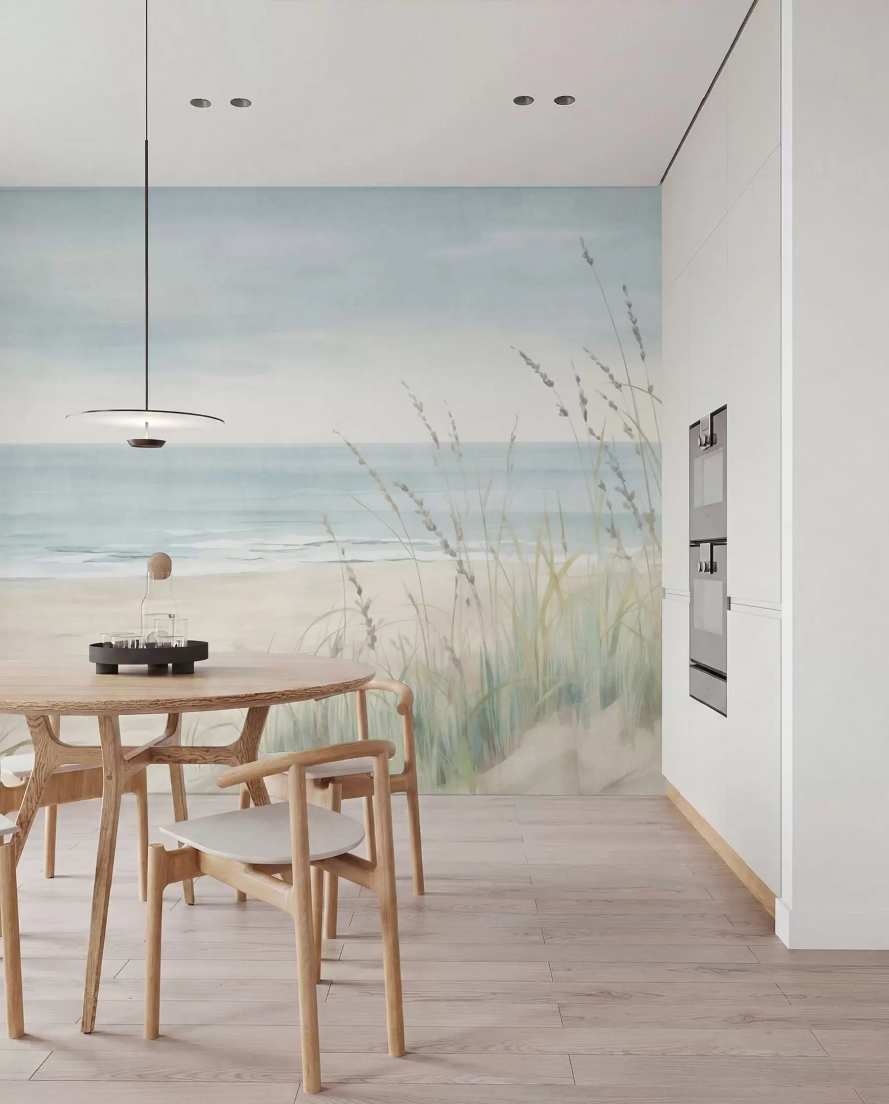 Fotobehang Schelpenzand met een rustig strand en grassen in zachte pasteltinten w05821
