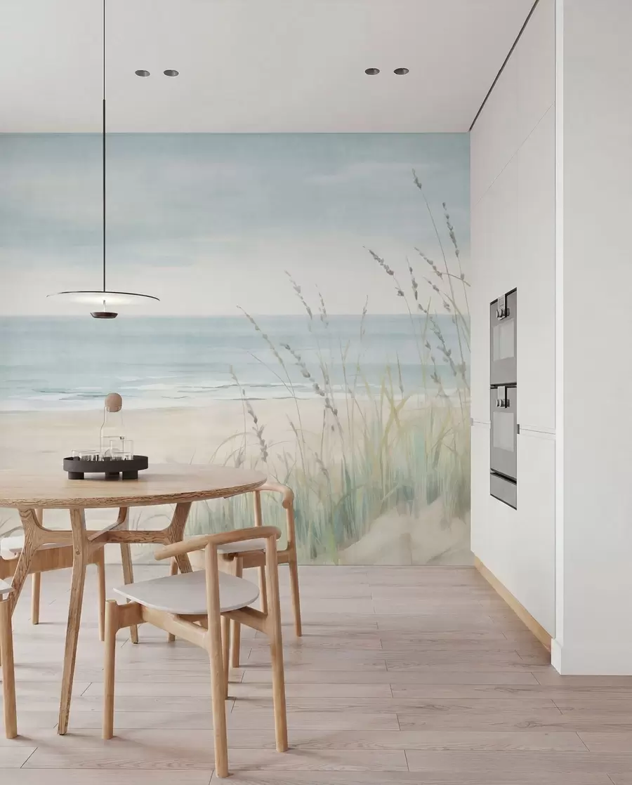 Fotobehang Schelpenzand met een rustig strand en grassen in zachte pasteltinten w05821