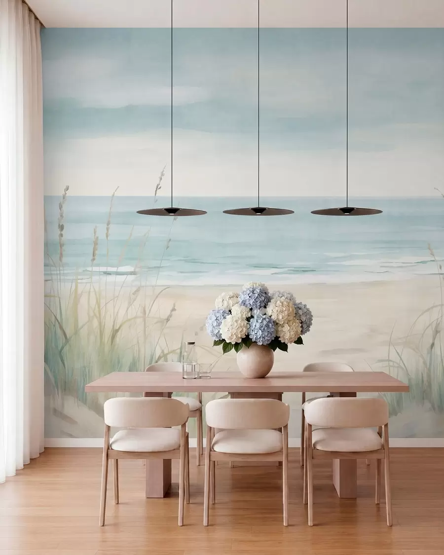 Fotobehang Schelpenzand met een rustig strand en grassen in zachte pasteltinten w05821