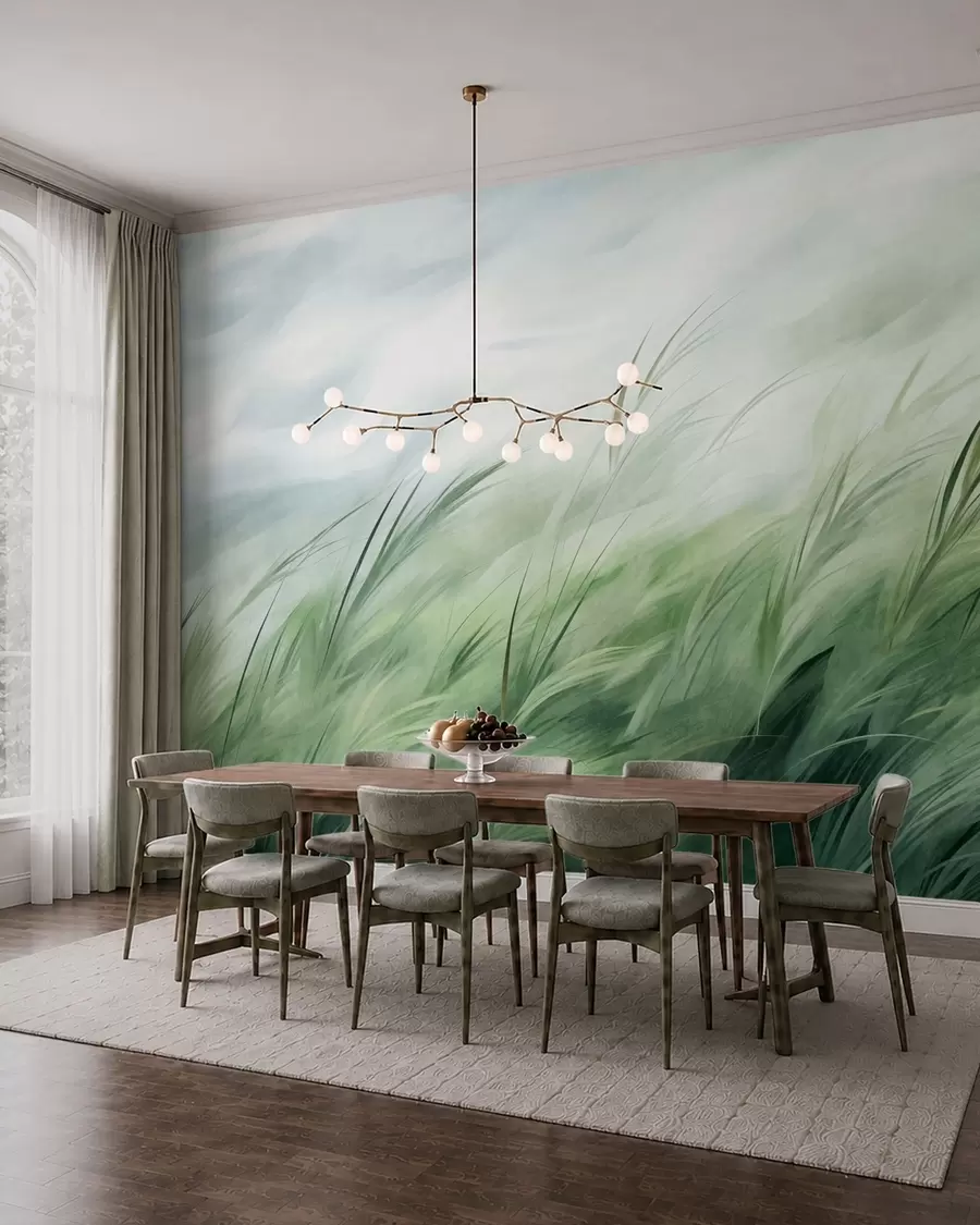 Fotobehang Saliegroen met fijne grassen die zachtjes meewaaien in een zacht briesje w05853