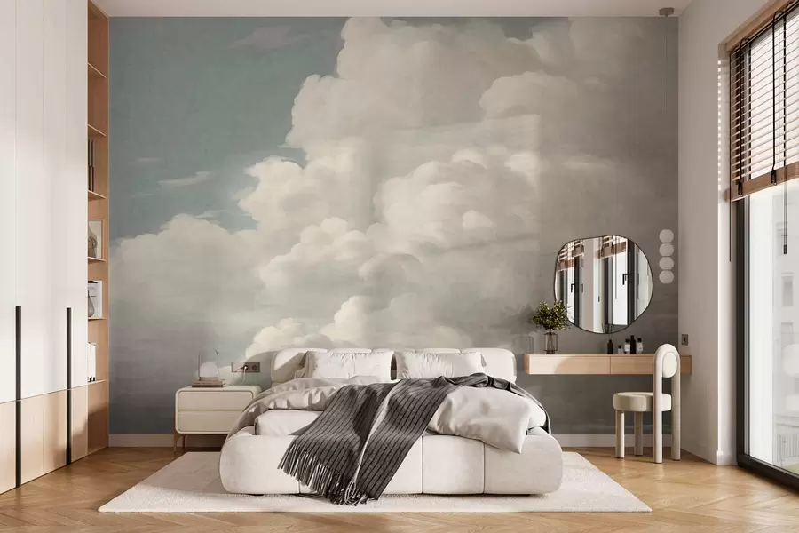 Fotobehang Een parelmoerachtige nevel met zachte, romige wolken die over een rustige hemel drijven w05855