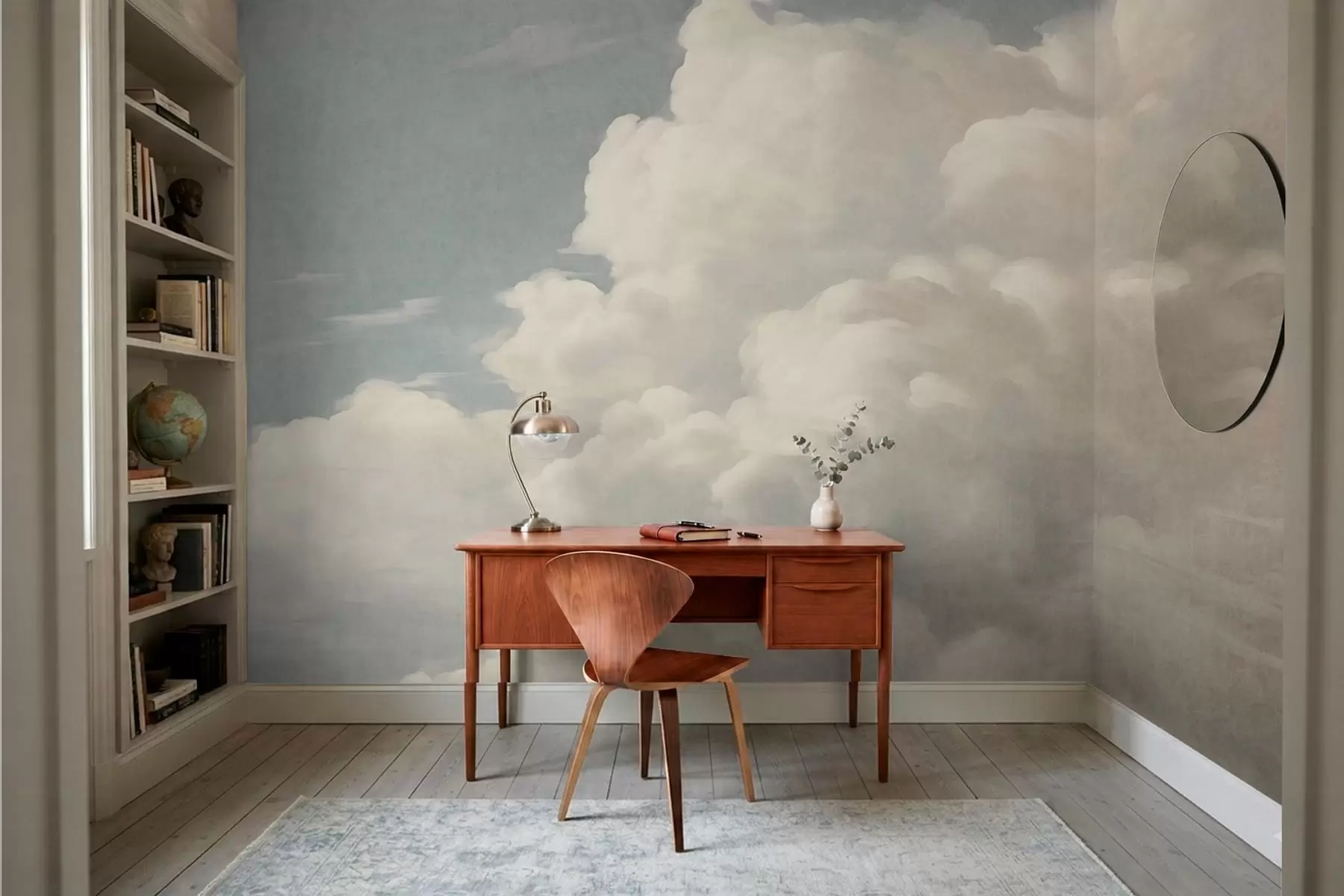 Fotobehang Een parelmoerachtige nevel met zachte, romige wolken die over een rustige hemel drijven w05855