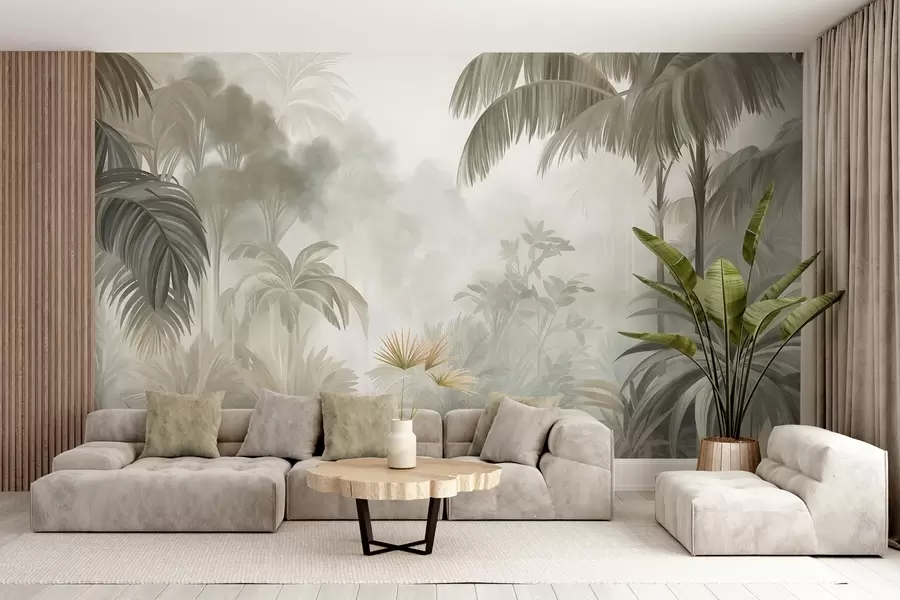 Fotobehang Een junglelandschap met textuur, met palmbomen en weelderig gebladerte, in een zachte, schilderachtige stijl w10016