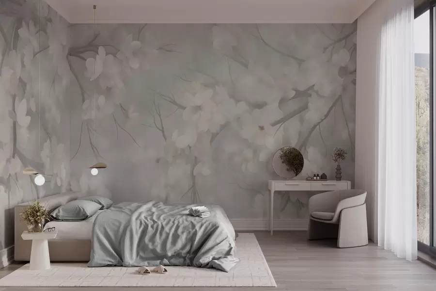 Fotobehang Witte kersenbloesems aan dunne takken, wazig, lichtgrijze achtergrond, kunstwerk met textuur w10012