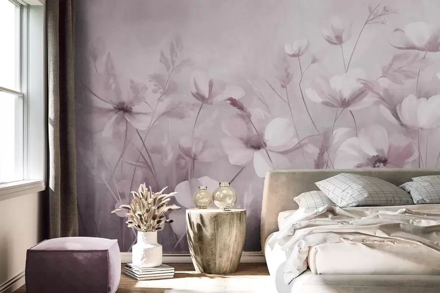 Fotobehang Een veld met lichtgekleurde bloemen en hoog gras in ingetogen tinten, kunst met textuur w10019v1
