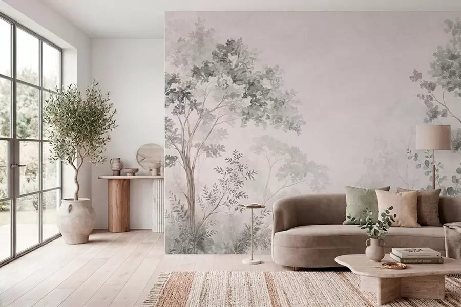 Fotobehang Bosbomen en groen tegen een licht mistige achtergrond w05856v1