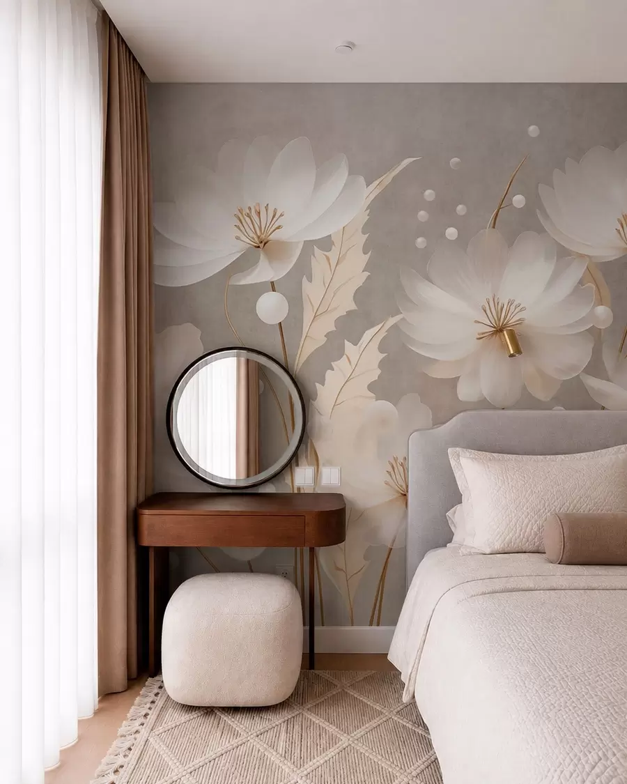 Fotobehang Grote witte bloemen met sierlijk blad tegen een grijze achtergrond w05857