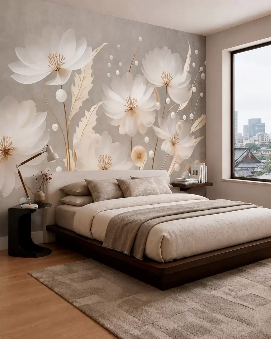 Fotobehang Grote witte bloemen met sierlijk blad tegen een grijze achtergrond w05857