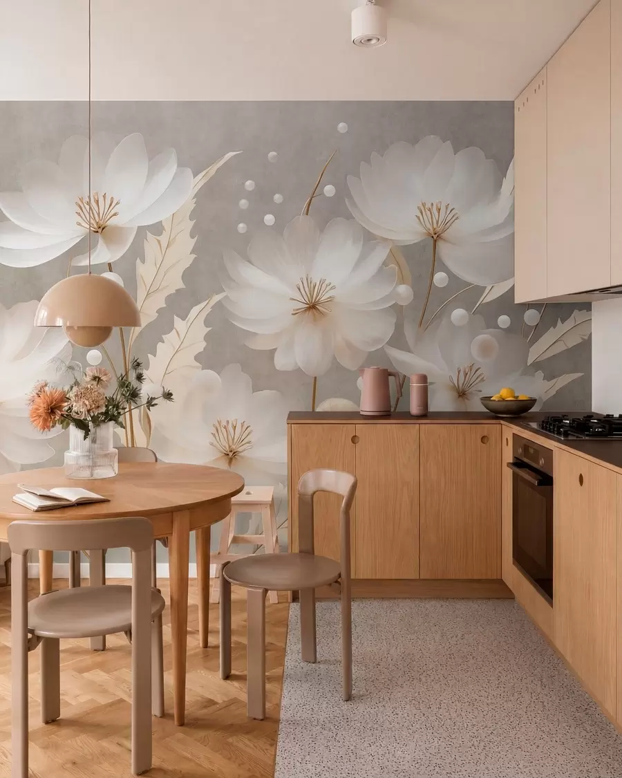 Fotobehang Grote witte bloemen met sierlijk blad tegen een grijze achtergrond w05857