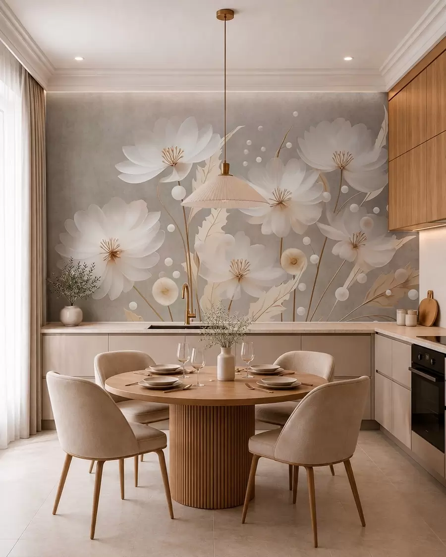 Fotobehang Grote witte bloemen met sierlijk blad tegen een grijze achtergrond w05857