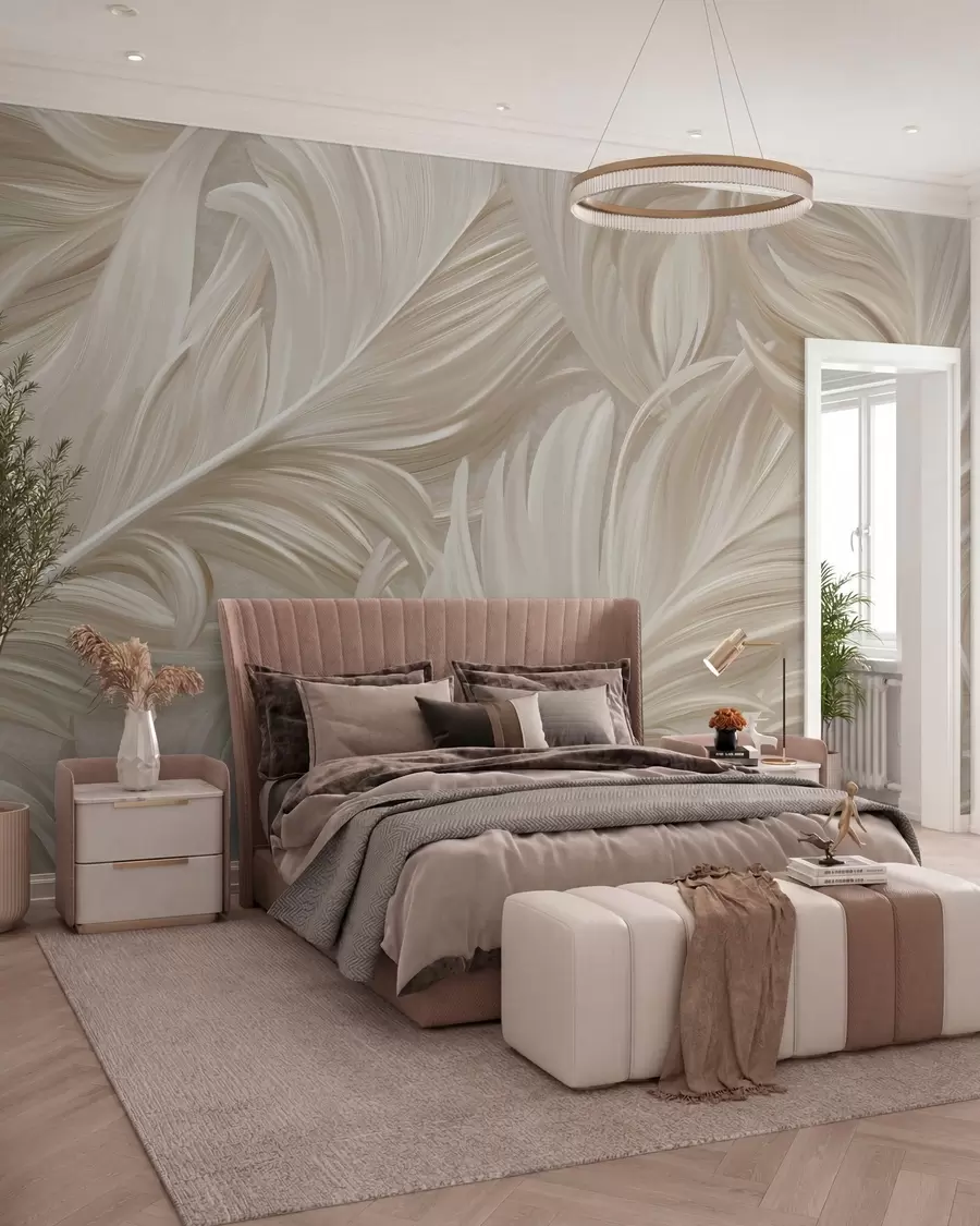 Fotobehang Een grote, beschilderde, gebogen veer in warme beige tinten w05757