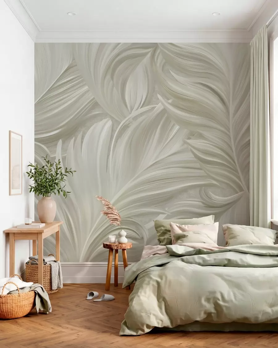 Fotobehang Een grote, beschilderde, gebogen veer in koele beige tinten w05757v2