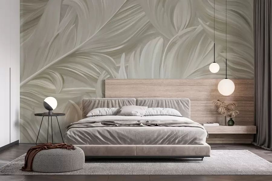 Fotobehang Een grote, beschilderde, gebogen veer in koele beige tinten w05757v2