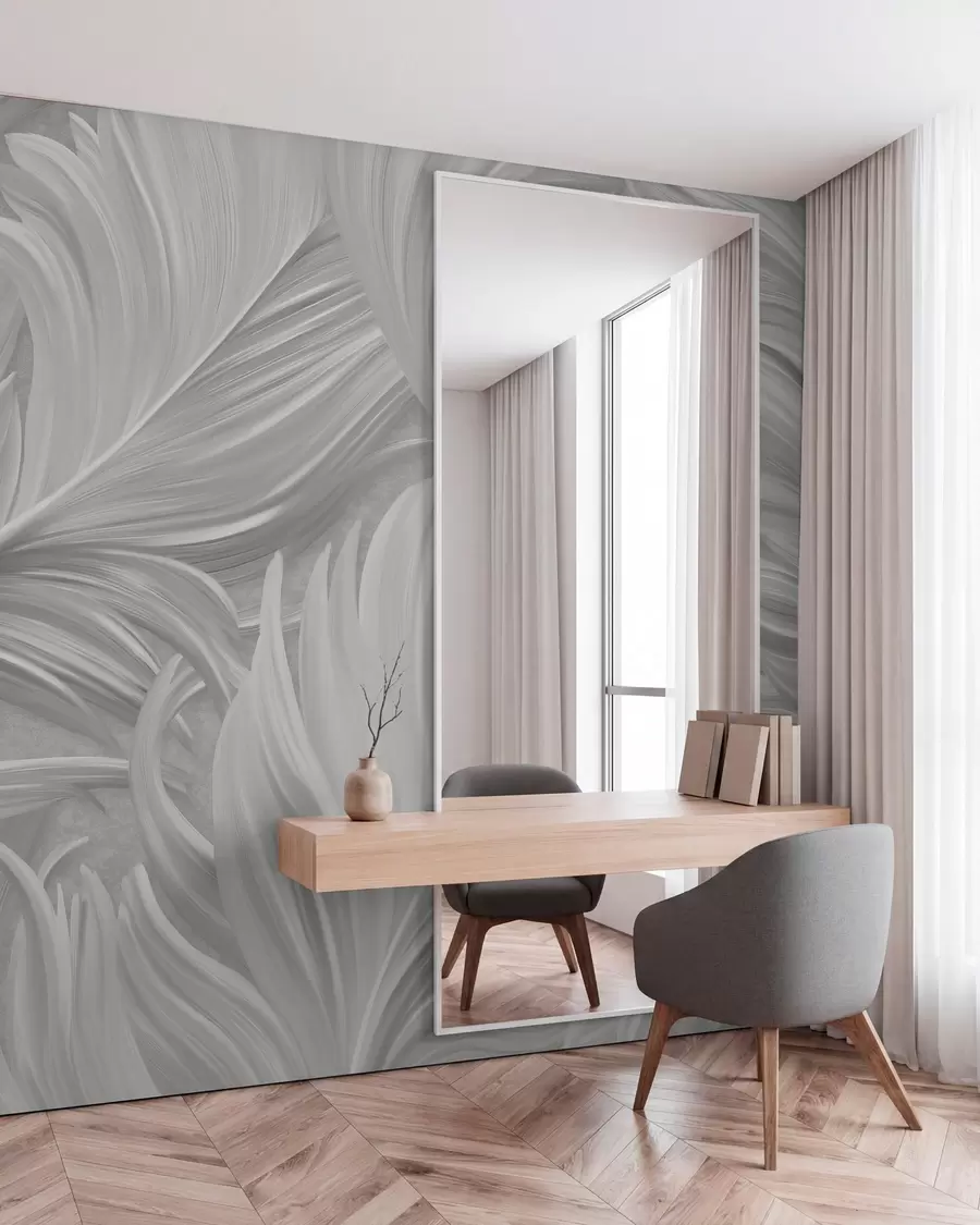 Fotobehang Een grote, beschilderde, gebogen veer in grijstinten w05757v3