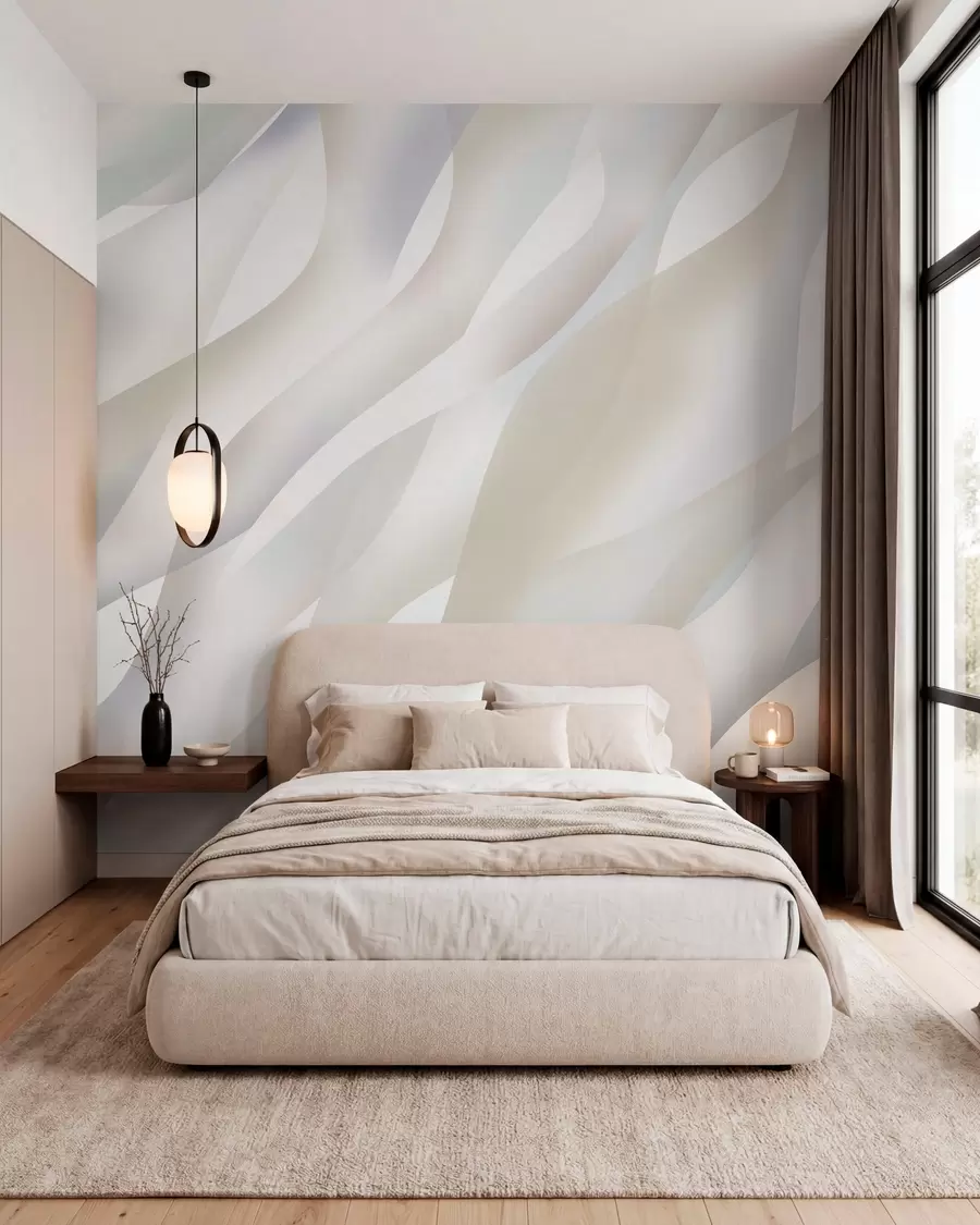 Fotobehang Abstracte golven in grijstinten en beige tegen een witte achtergrond w05758