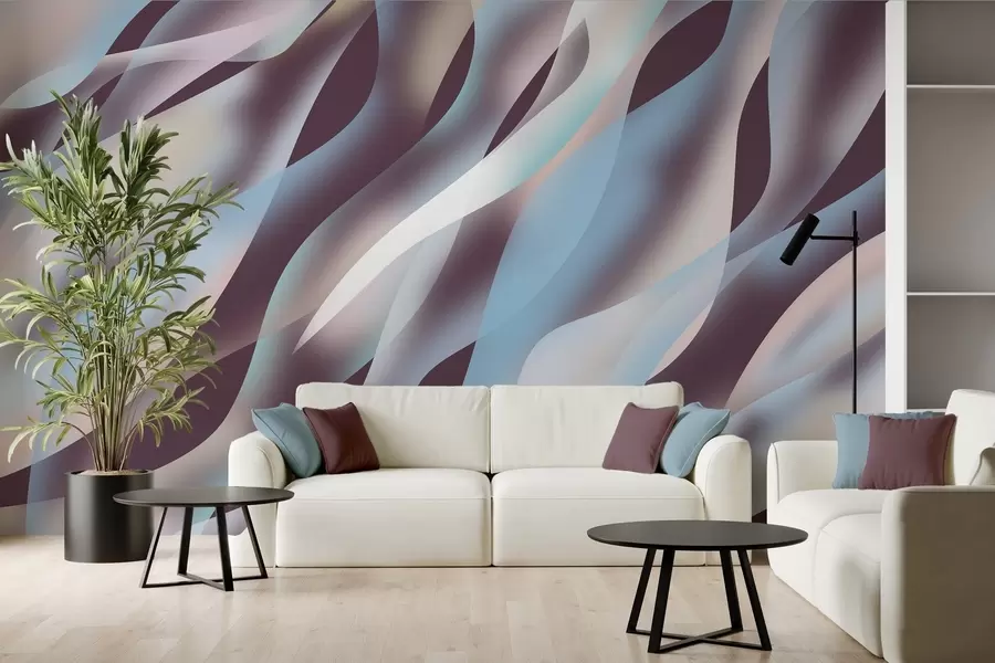 Fotobehang Abstracte golven in tinten blauw, roze en beige tegen een donkere auberginekleurige achtergrond w05758v3