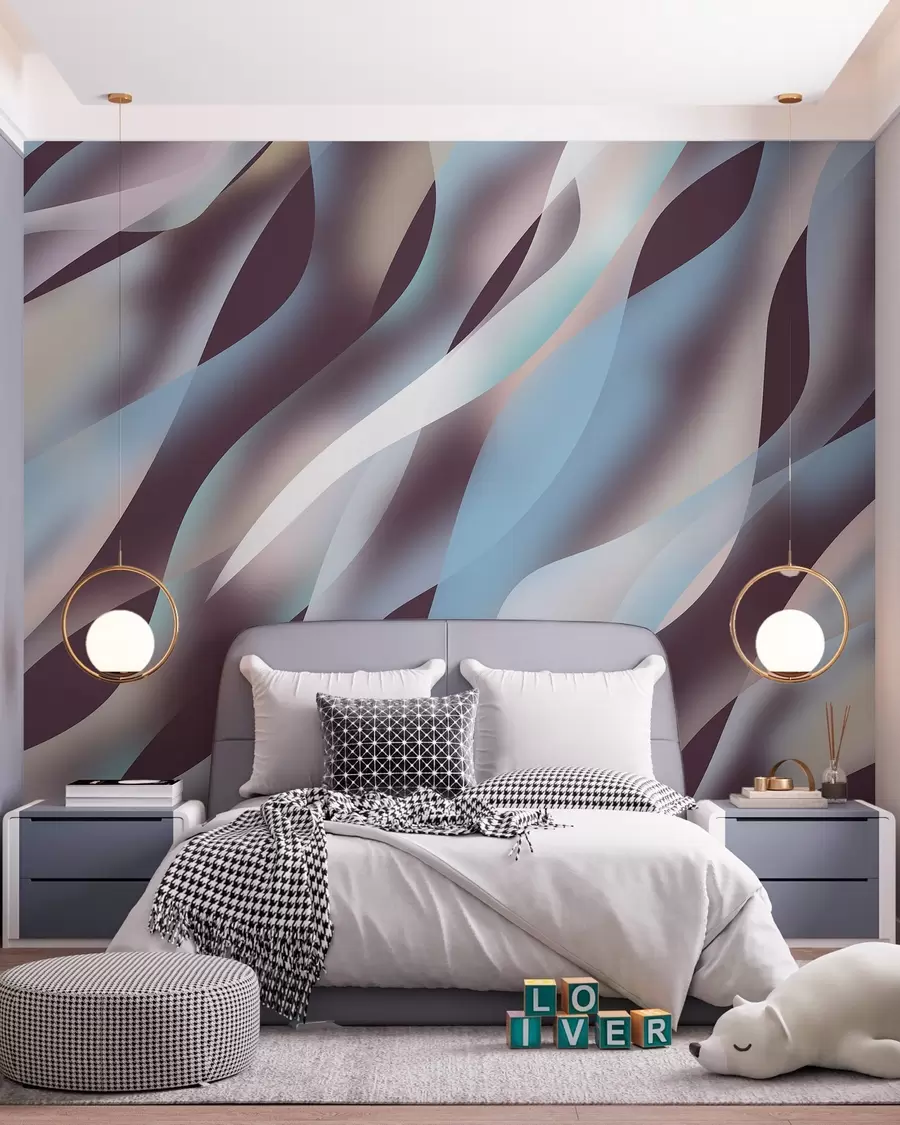 Fotobehang Abstracte golven in tinten blauw, roze en beige tegen een donkere auberginekleurige achtergrond w05758v3