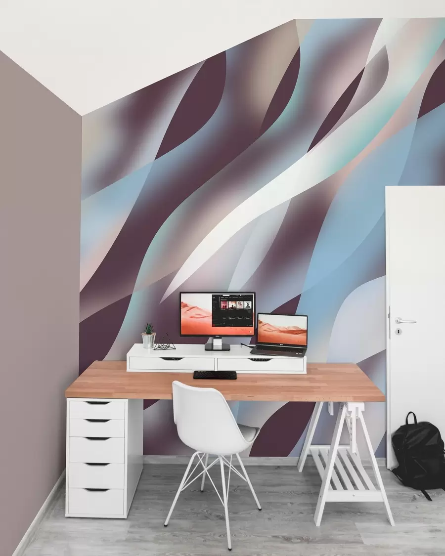 Fotobehang Abstracte golven in tinten blauw, roze en beige tegen een donkere auberginekleurige achtergrond w05758v3