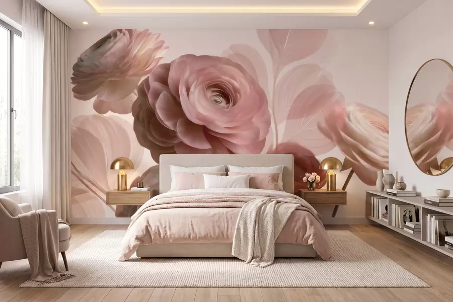 Fotobehang Volumineuze, poederroze ranonkelbloemen met doorschijnende bloemblaadjes in zachte roze en beige tinten w09998